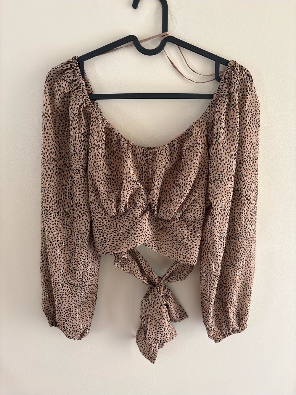 Japna Beige Animal Print Tie Peasant Crop Top